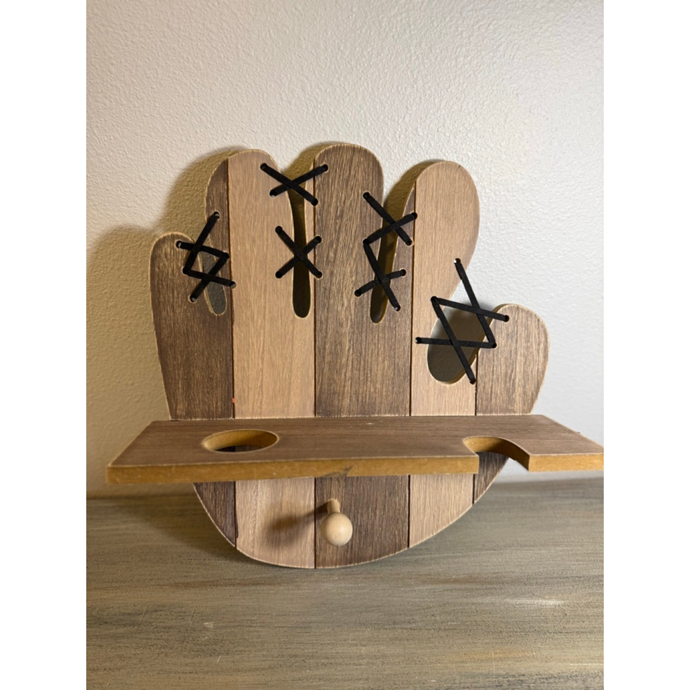 handcrafted wooden baseball glove wall shelf holds baseball bat ball & glove